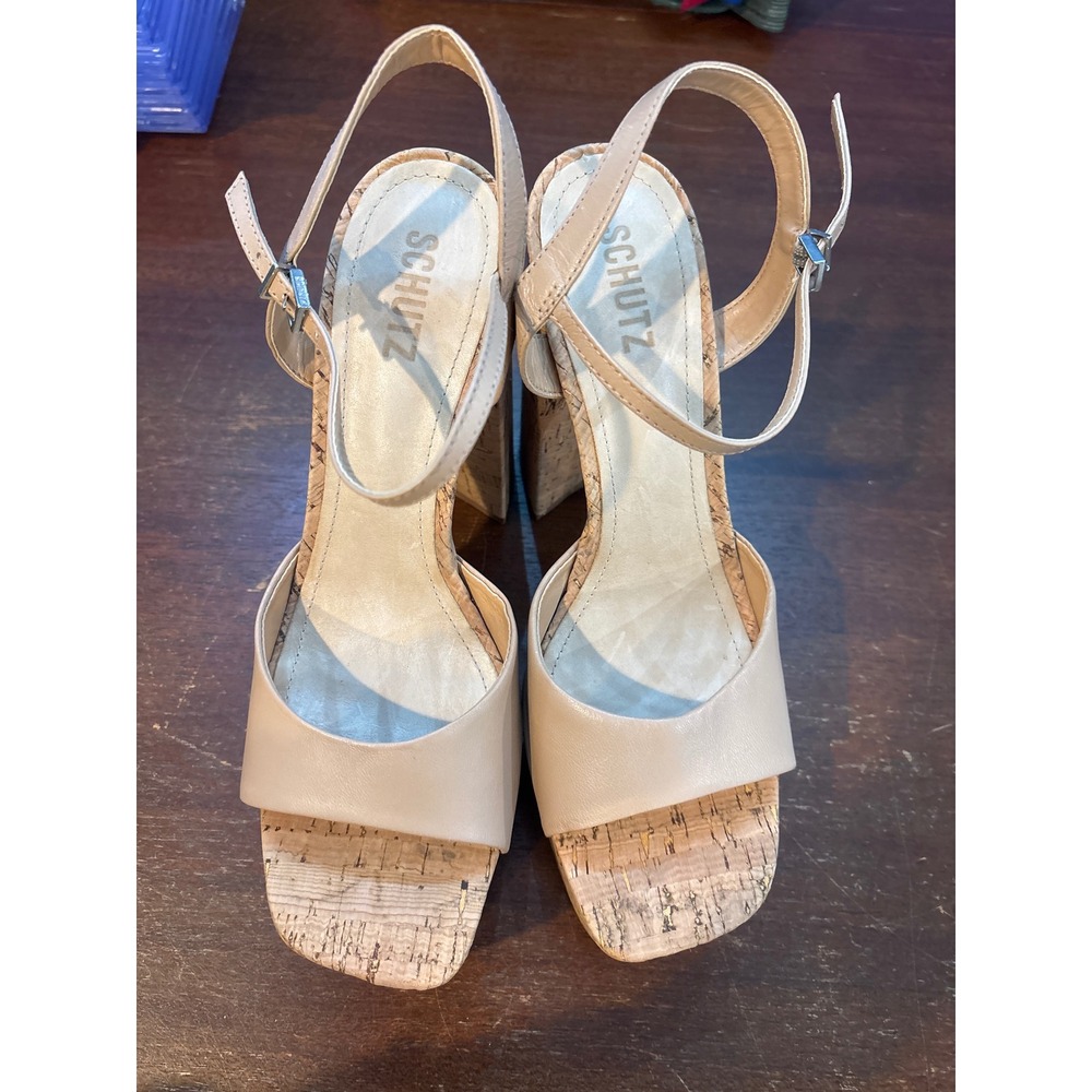 Schutz Beige Leather Cork Platform Block Heel Sandals Square Toe Womens 10B
